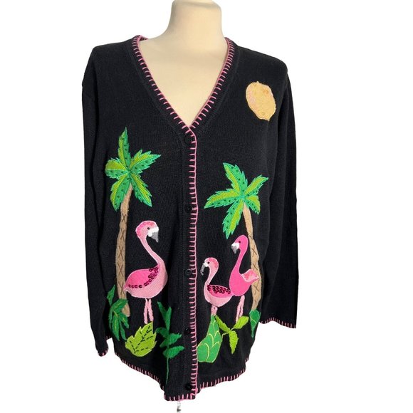 Quaker Factory QVC Black Pink Flamingo Palm Tree Cardigan With Sequin Detail - Picture 1 of 9